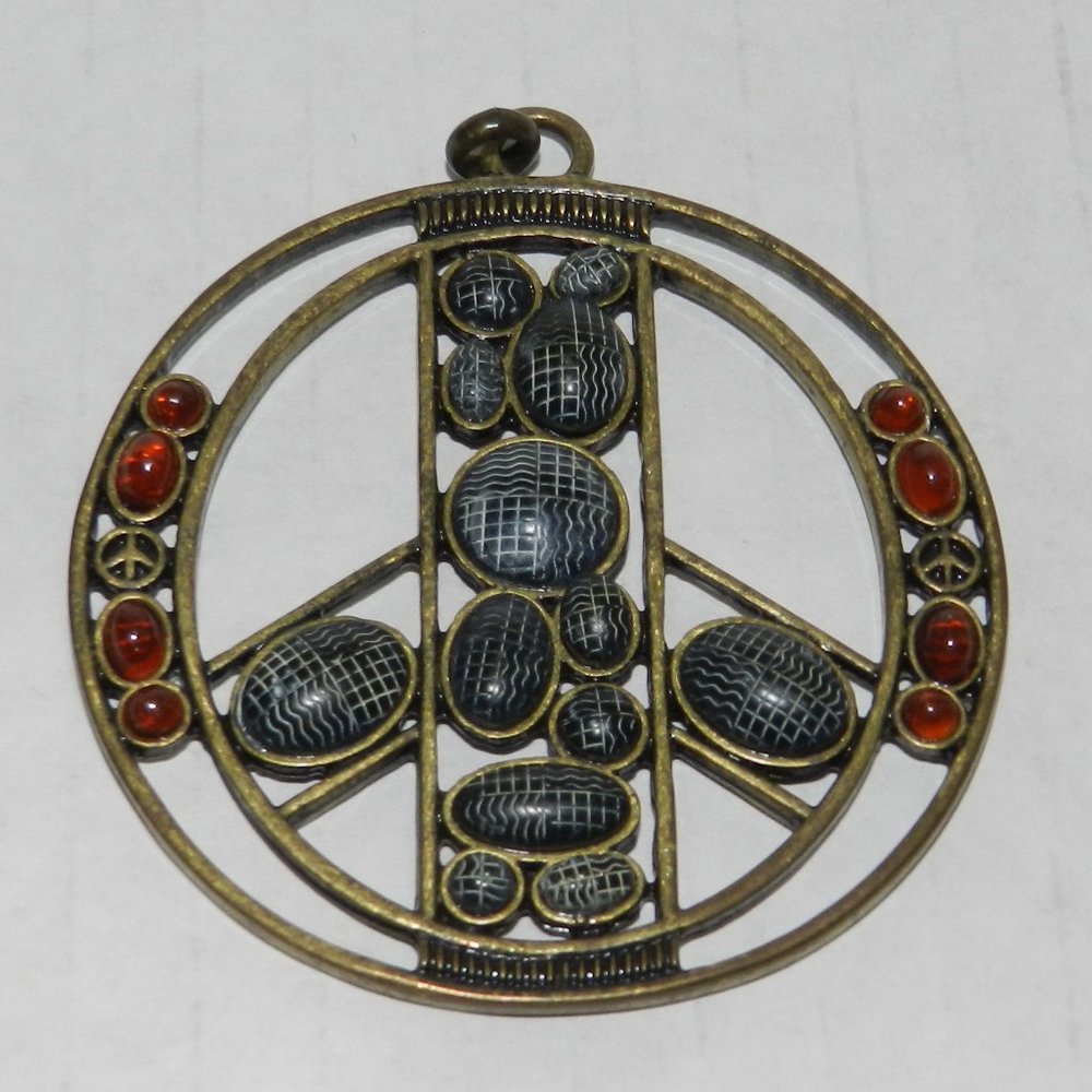 Gray & amber stone bead peace sign pendant for necklace